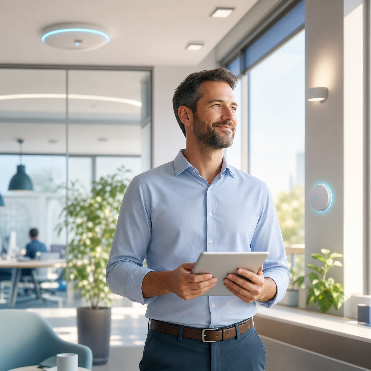 Responsable des opérations pilotant un espace connecté depuis une tablette
