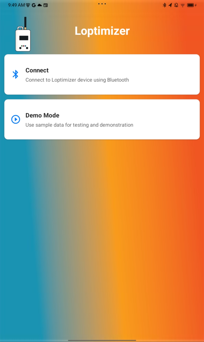 Pantalla de conexión Bluetooth de la aplicación móvil Loptimizer